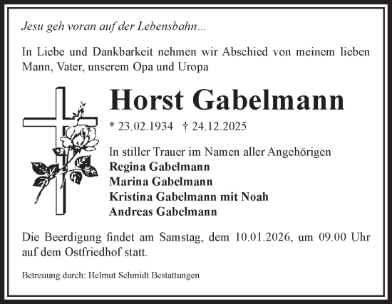 Traueranzeige von Horst Gabelmann von Volksstimme Schönebeck