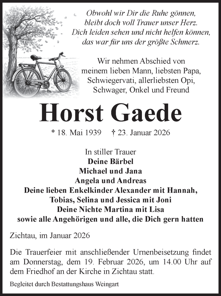  Traueranzeige für Horst Gaede vom 31.01.2026 aus Volksstimme Altmark West