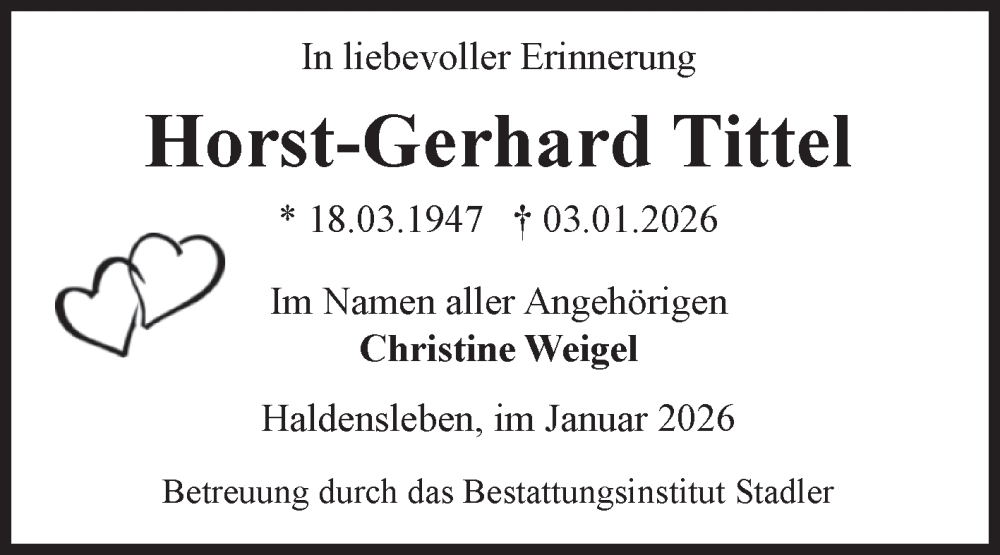  Traueranzeige für Horst-Gerhard Tittel vom 17.01.2026 aus Volksstimme Haldensleben/Wolmirstedt