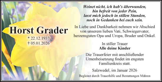 Traueranzeige von Horst Grader von Volksstimme Altmark West