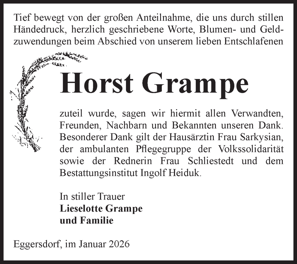  Traueranzeige für Horst Grampe vom 31.01.2026 aus Volksstimme Schönebeck