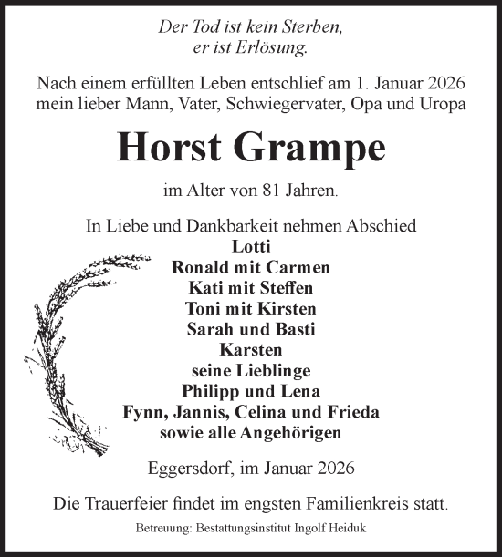 Traueranzeige von Horst Grampe von Volksstimme Schönebeck
