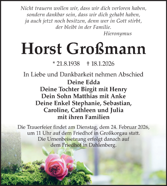 Traueranzeige von Horst Großmann von Super Sonntag Wittenberg