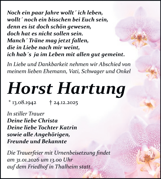Traueranzeige von Horst Hartung von Trauerkombi Bitterfeld
