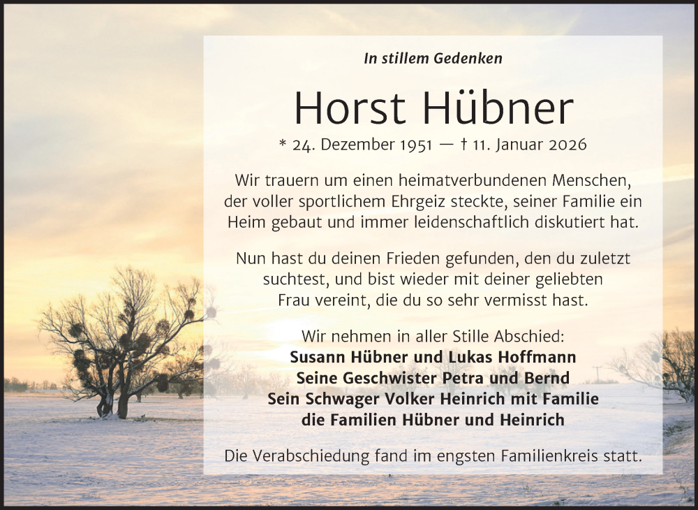  Traueranzeige für Horst Hübner vom 24.01.2026 aus Trauerkombi Wittenberg