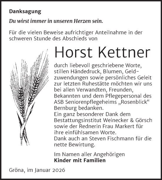 Traueranzeige von Horst Kettner von Trauerkombi Bernburg