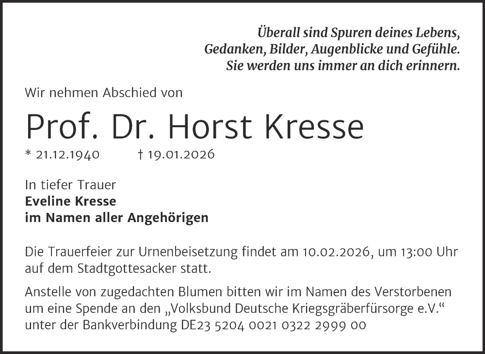  Traueranzeige für Horst Kresse vom 31.01.2026 aus Mitteldeutsche Zeitung Halle/Saalkreis