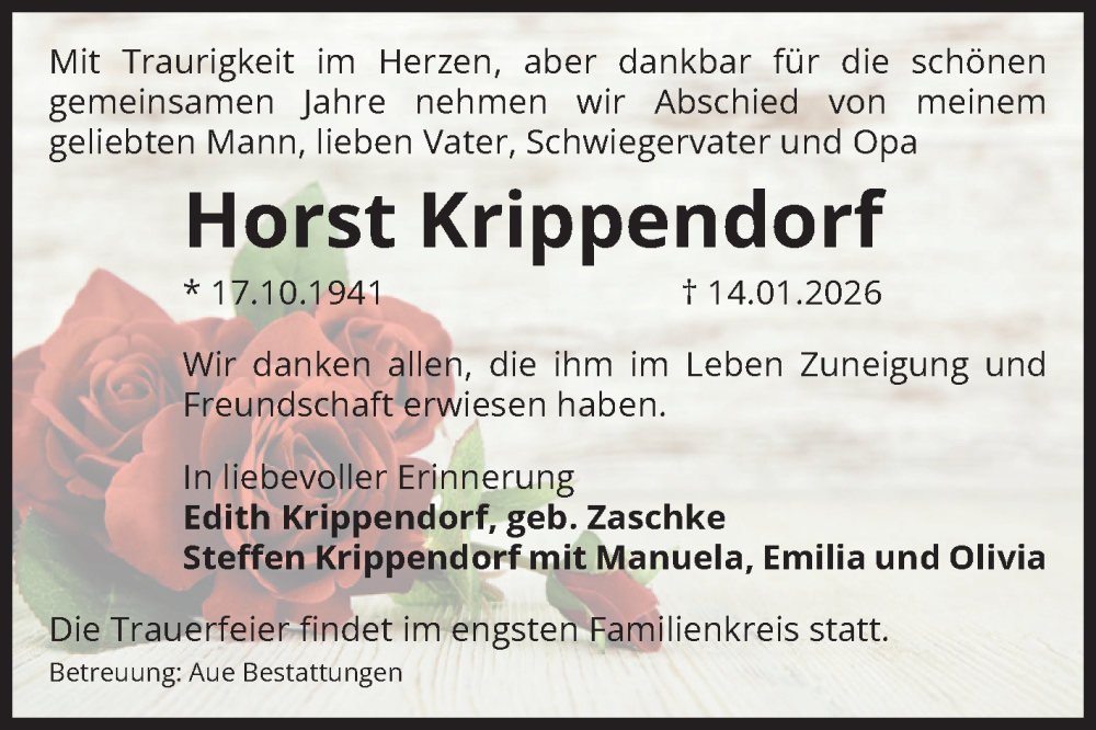  Traueranzeige für Horst Krippendorf vom 24.01.2026 aus Volksstimme Magdeburg