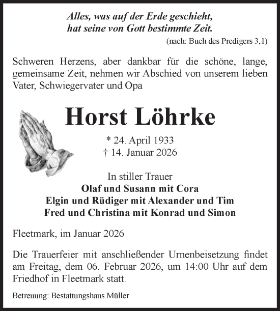 Traueranzeige von Horst Löhrke von Volksstimme Altmark West
