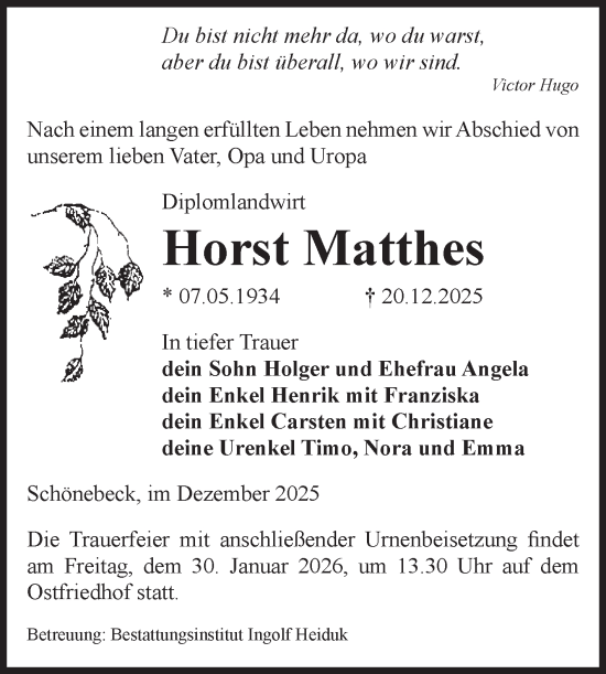Traueranzeige von Horst Matthes von Volksstimme Schönebeck