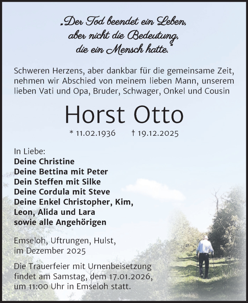  Traueranzeige für Horst Otto vom 05.01.2026 aus Trauerkombi Sangerhausen