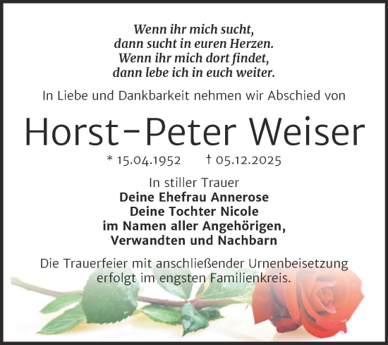 Traueranzeige von Horst-Peter Weiser von Trauerkombi Dessau