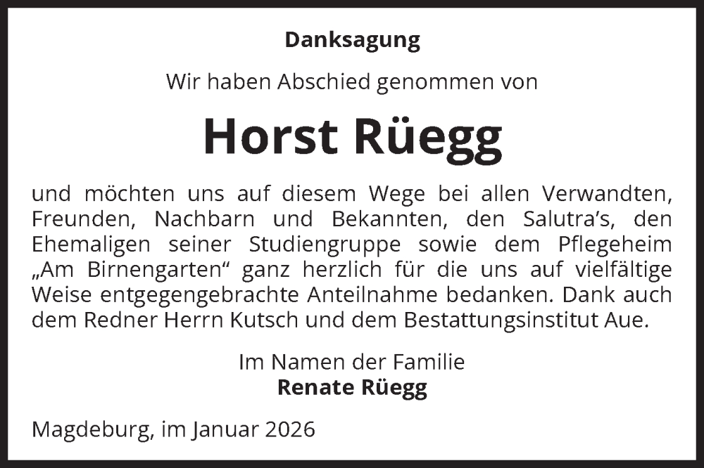  Traueranzeige für Horst Rüegg vom 10.01.2026 aus Volksstimme Magdeburg