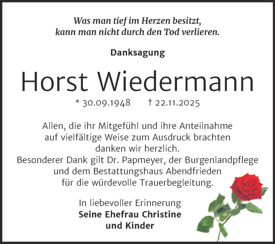 Traueranzeige von Horst Wiedermann von Super Sonntag Naumburg/Nebra