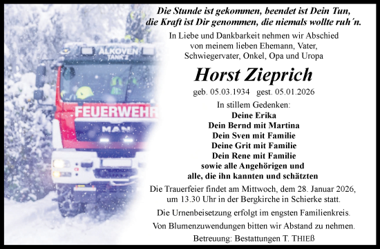 Traueranzeige von Horst Zieprich von Volksstimme Wernigerode