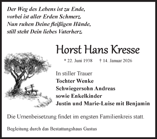 Traueranzeige von Horst Hans Kresse von Volksstimme Halberstadt