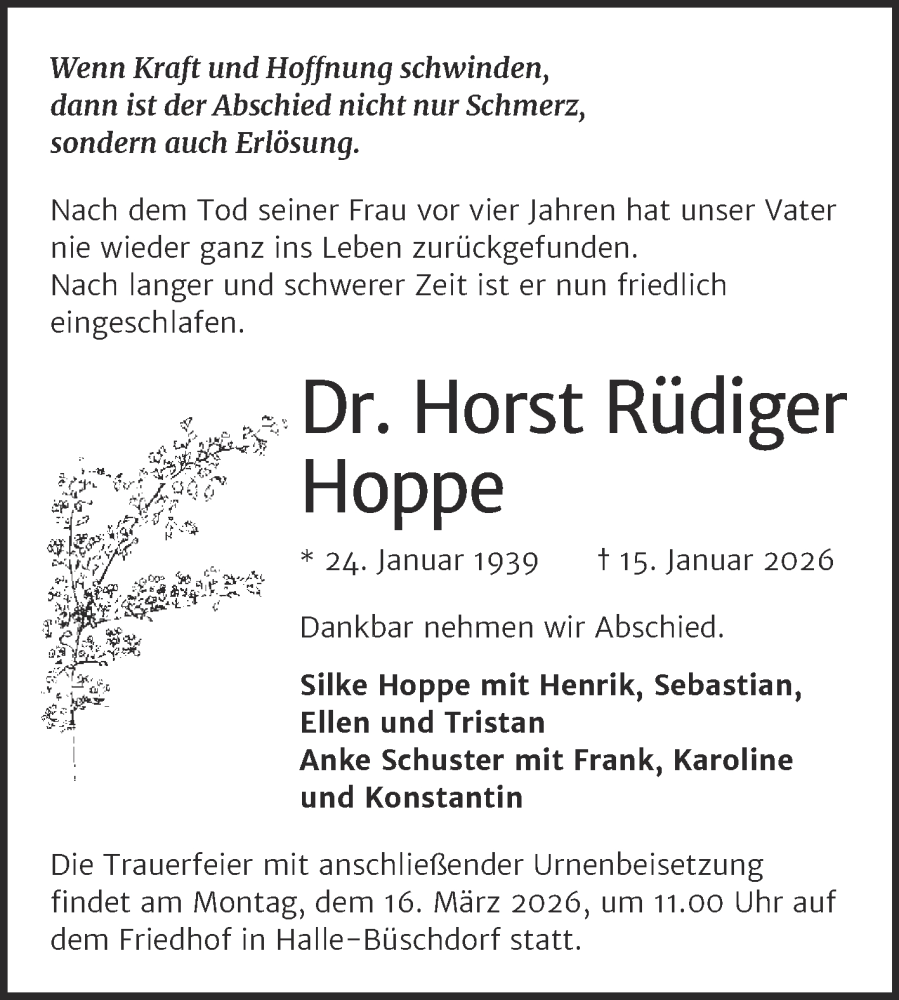  Traueranzeige für Horst Rüdiger Hoppe vom 31.01.2026 aus Mitteldeutsche Zeitung Halle/Saalkreis