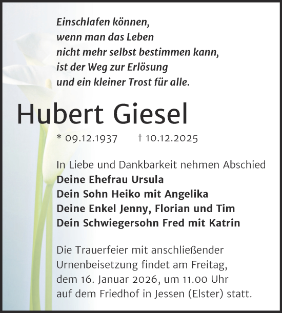 Traueranzeige von Hubert Giesel von Trauerkombi Wittenberg