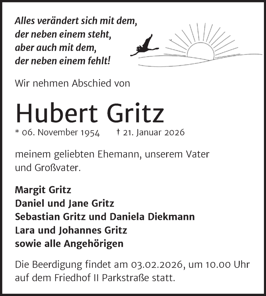  Traueranzeige für Hubert Gritz vom 31.01.2026 aus Trauerkombi Bernburg