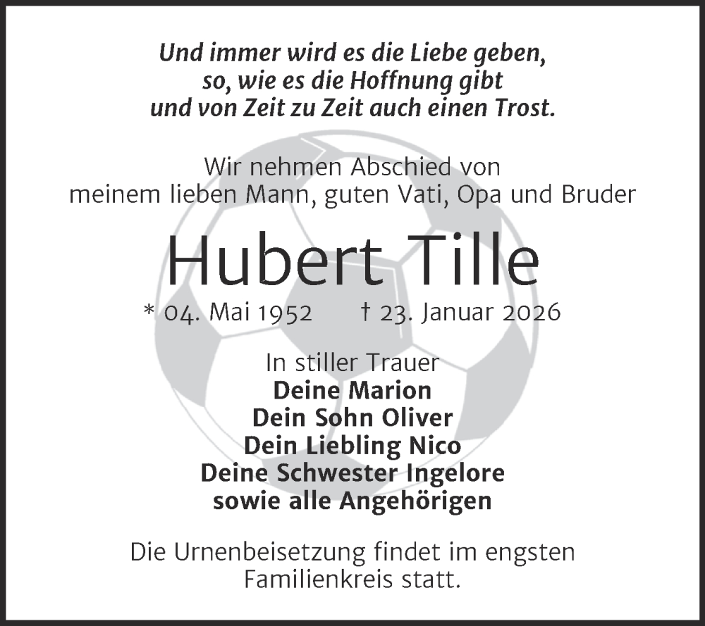  Traueranzeige für Hubert Tille vom 31.01.2026 aus Trauerkombi Zeitz