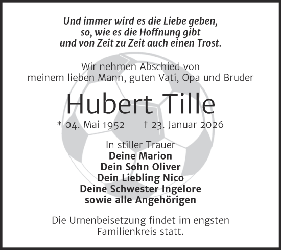 Traueranzeige von Hubert Tille von Trauerkombi Zeitz