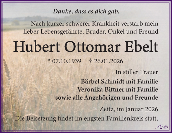 Traueranzeige von Hubert Ottomar Ebelt von Trauerkombi Zeitz