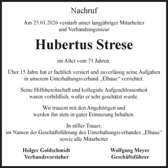 Traueranzeige von Hubertus Strese von Volksstimme Schönebeck
