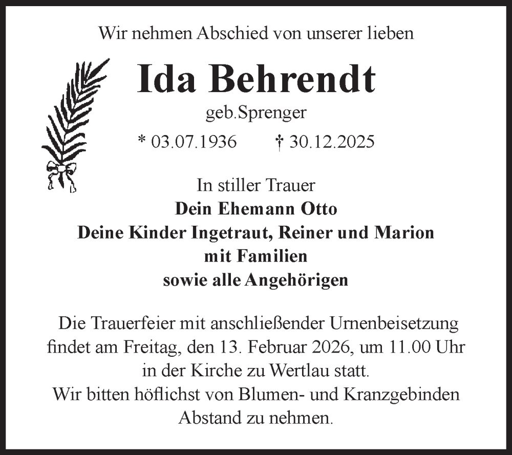  Traueranzeige für Ida Behrendt vom 31.01.2026 aus Volksstimme Zerbst