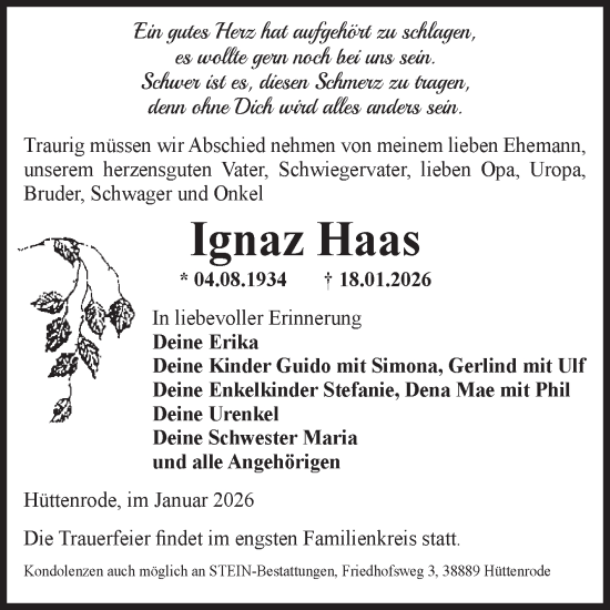 Traueranzeige von Ignaz Haas von Volksstimme Wernigerode