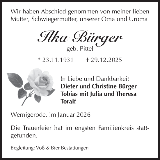 Traueranzeige von Ilka Bürger von Volksstimme Wernigerode
