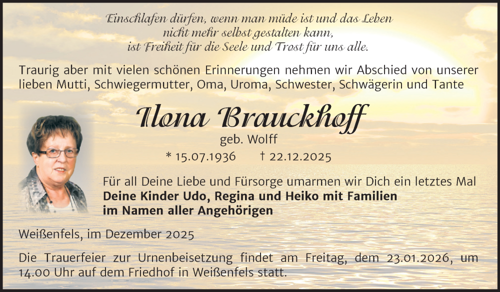  Traueranzeige für Ilona Brauckhoff vom 10.01.2026 aus Trauerkombi Weißenfels