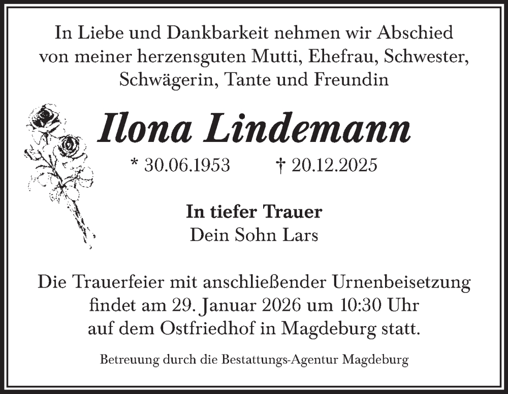  Traueranzeige für Ilona Lindemann vom 24.01.2026 aus Volksstimme Magdeburg