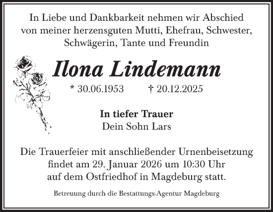 Traueranzeige von Ilona Lindemann von Volksstimme Magdeburg
