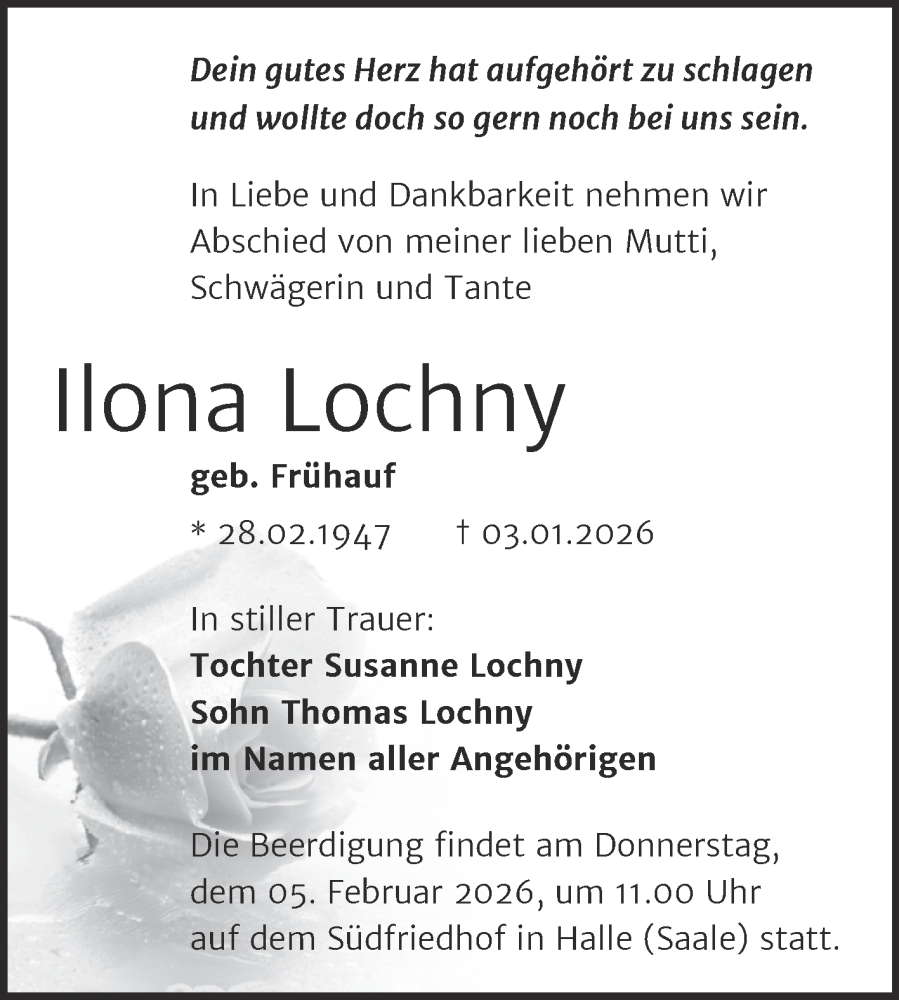  Traueranzeige für Ilona Lochny vom 24.01.2026 aus Mitteldeutsche Zeitung Halle/Saalkreis