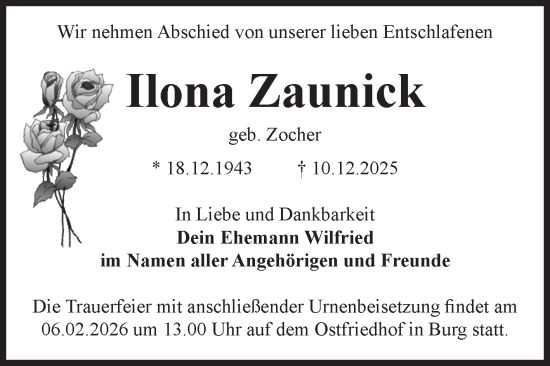 Traueranzeige von Ilona Zaunick von Volksstimme Burg/Genthin