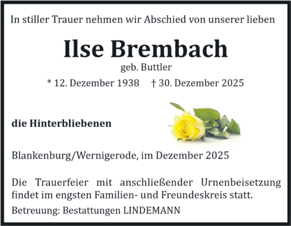  Traueranzeige für Ilse Brembach vom 10.01.2026 aus Volksstimme Wernigerode