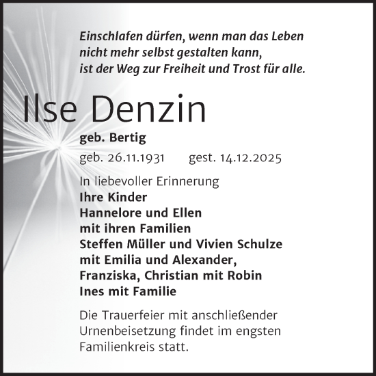Traueranzeige von Ilse Denzin von Trauerkombi Aschersleben