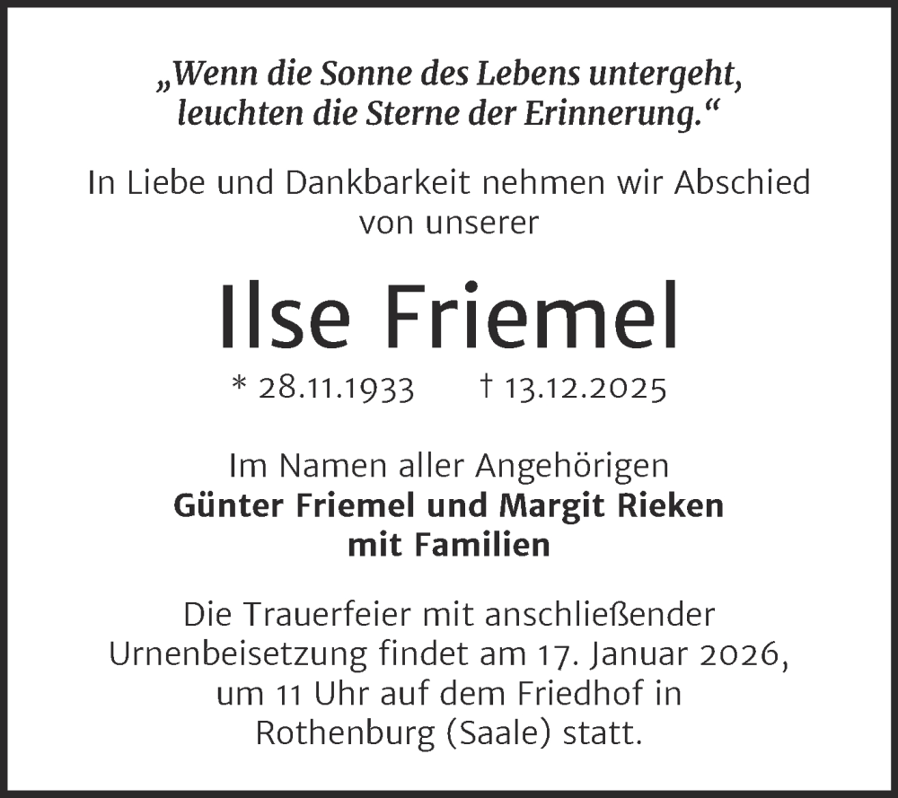  Traueranzeige für Ilse Friemel vom 03.01.2026 aus Mitteldeutsche Zeitung Halle/Saalkreis