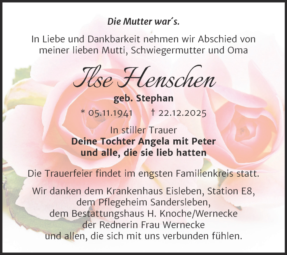  Traueranzeige für Ilse Henschen vom 24.01.2026 aus Trauerkombi Mansfelder Land