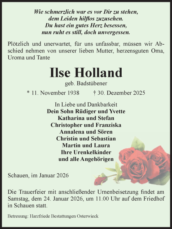 Traueranzeige von Ilse Holland von Volksstimme Halberstadt