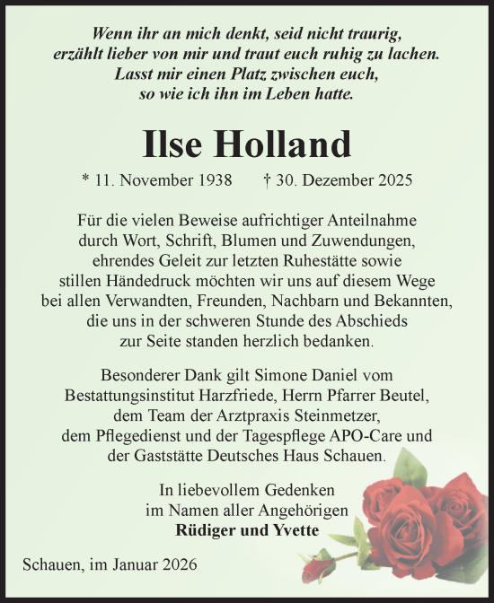Traueranzeige von Ilse Holland von Volksstimme Halberstadt