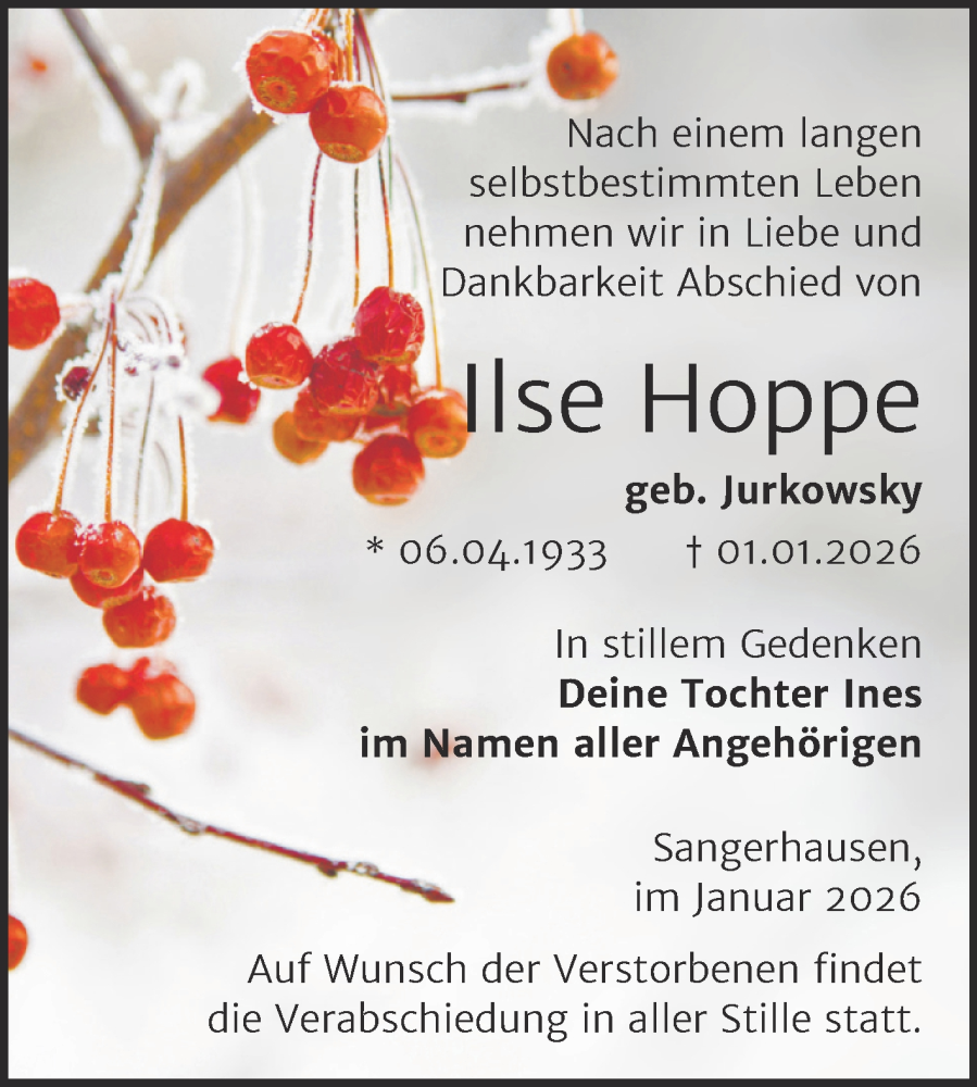  Traueranzeige für Ilse Hoppe vom 17.01.2026 aus Trauerkombi Sangerhausen