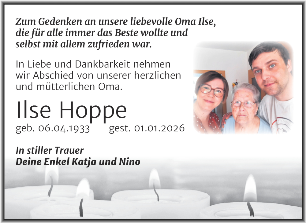  Traueranzeige für Ilse Hoppe vom 24.01.2026 aus Trauerkombi Sangerhausen