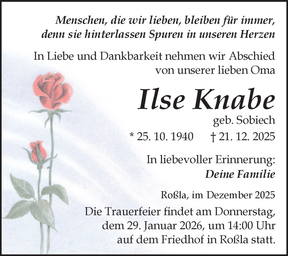  Traueranzeige für Ilse Knabe vom 17.01.2026 aus Trauerkombi Sangerhausen