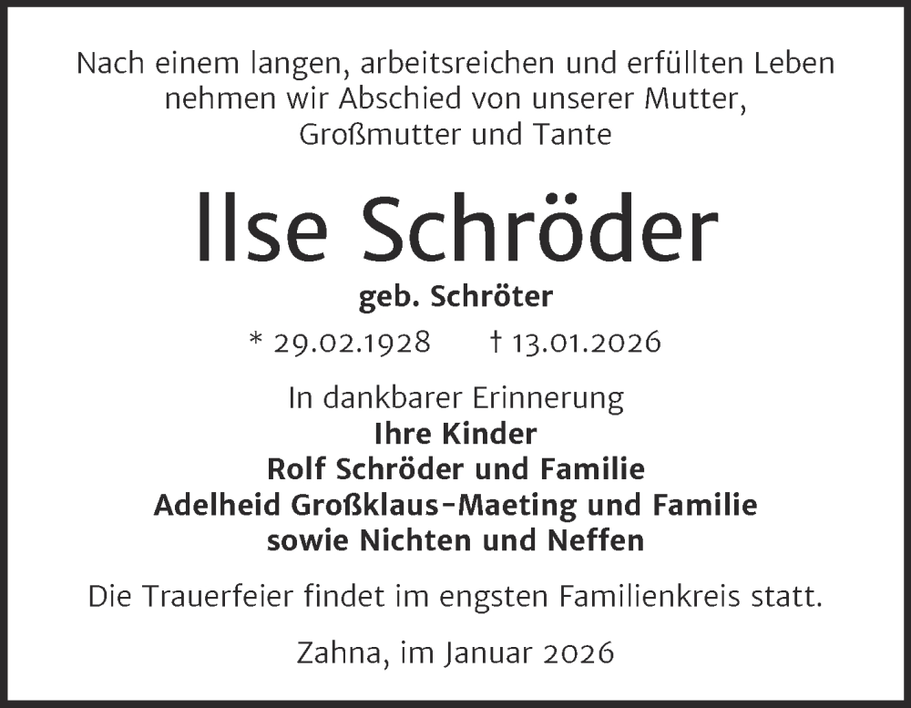  Traueranzeige für Ilse Schröder vom 24.01.2026 aus Trauerkombi Wittenberg