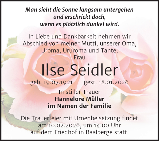 Traueranzeige von Ilse Seidler von Trauerkombi Köthen