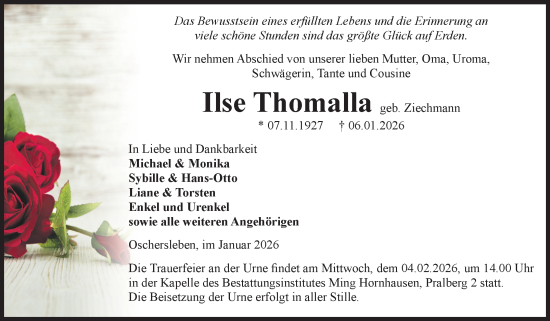 Traueranzeige von Ilse Thomalla von Volksstimme Oschersleben/Wanzleben
