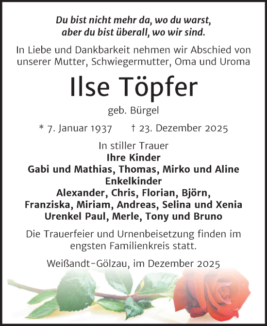 Traueranzeige von Ilse Töpfer von Trauerkombi Köthen