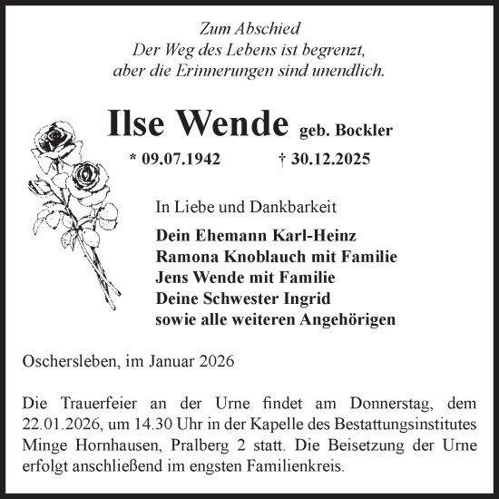 Traueranzeige von Ilse Wende von Volksstimme Oschersleben/Wanzleben