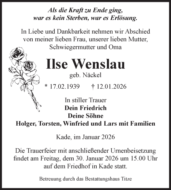 Traueranzeige von Ilse Wenslau von Volksstimme Burg/Genthin
